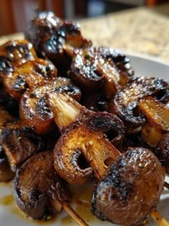 Close-up of several perfectly caramelized Grilled Mushroom Skewers resting on a white plate, showing char marks.