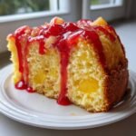 A moist slice of Firecracker Cake studded with pineapple, topped with bright red cherry glaze.