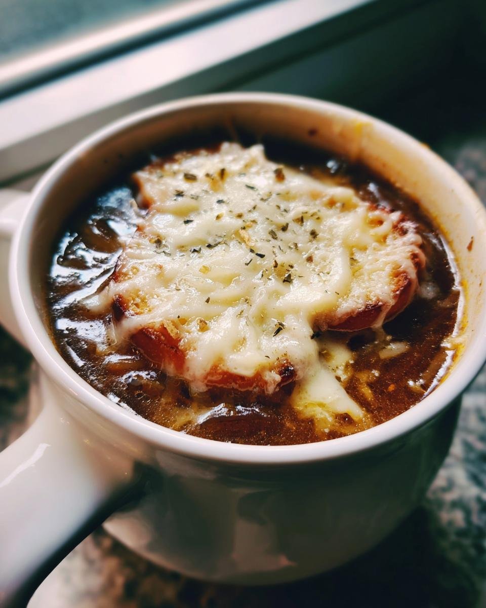 Close-up of a white mug filled with rich French Onion Pasta Soup, topped with melted cheese and herbs.