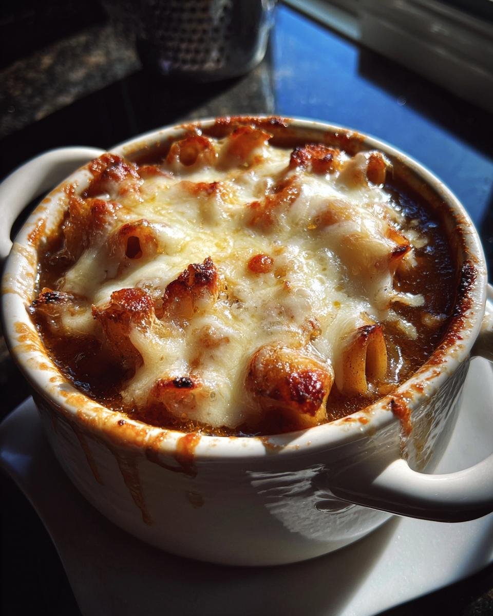 Close-up of bubbling, cheesy French Onion Pasta Soup served in a white crock with handles.