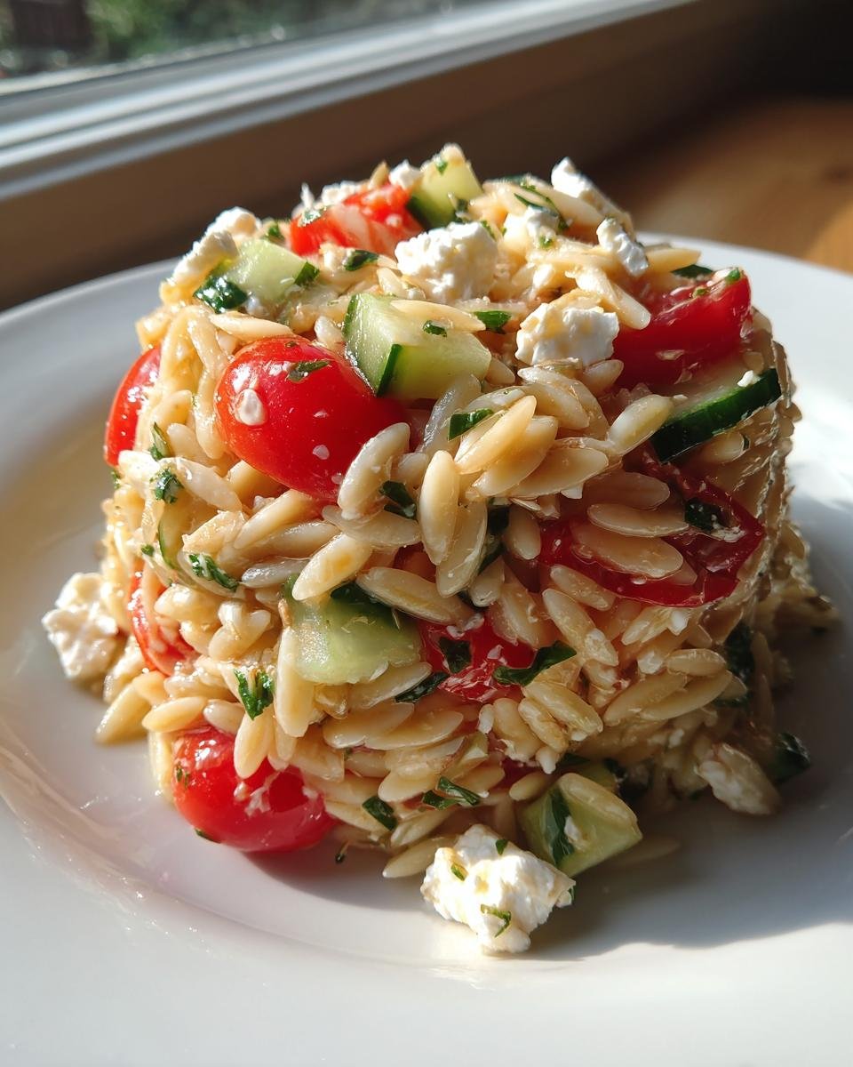 A molded serving of vibrant Orzo Pasta Salad featuring orzo, cherry tomatoes, cucumber, and feta cheese.