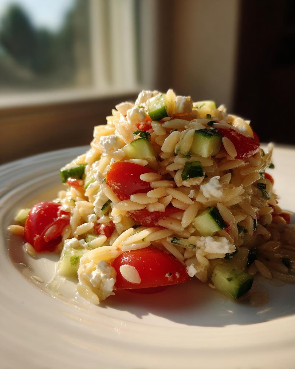 A mound of bright Orzo Pasta Salad mixed with cherry tomatoes, cucumber, and feta cheese on a white plate.
