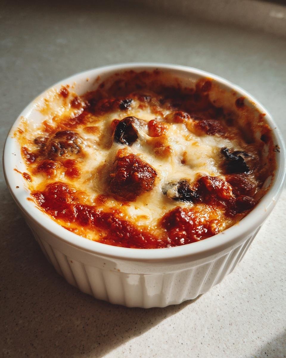 Close-up of a bubbling, cheesy Pizza Bowl baked in a white ramekin dish.