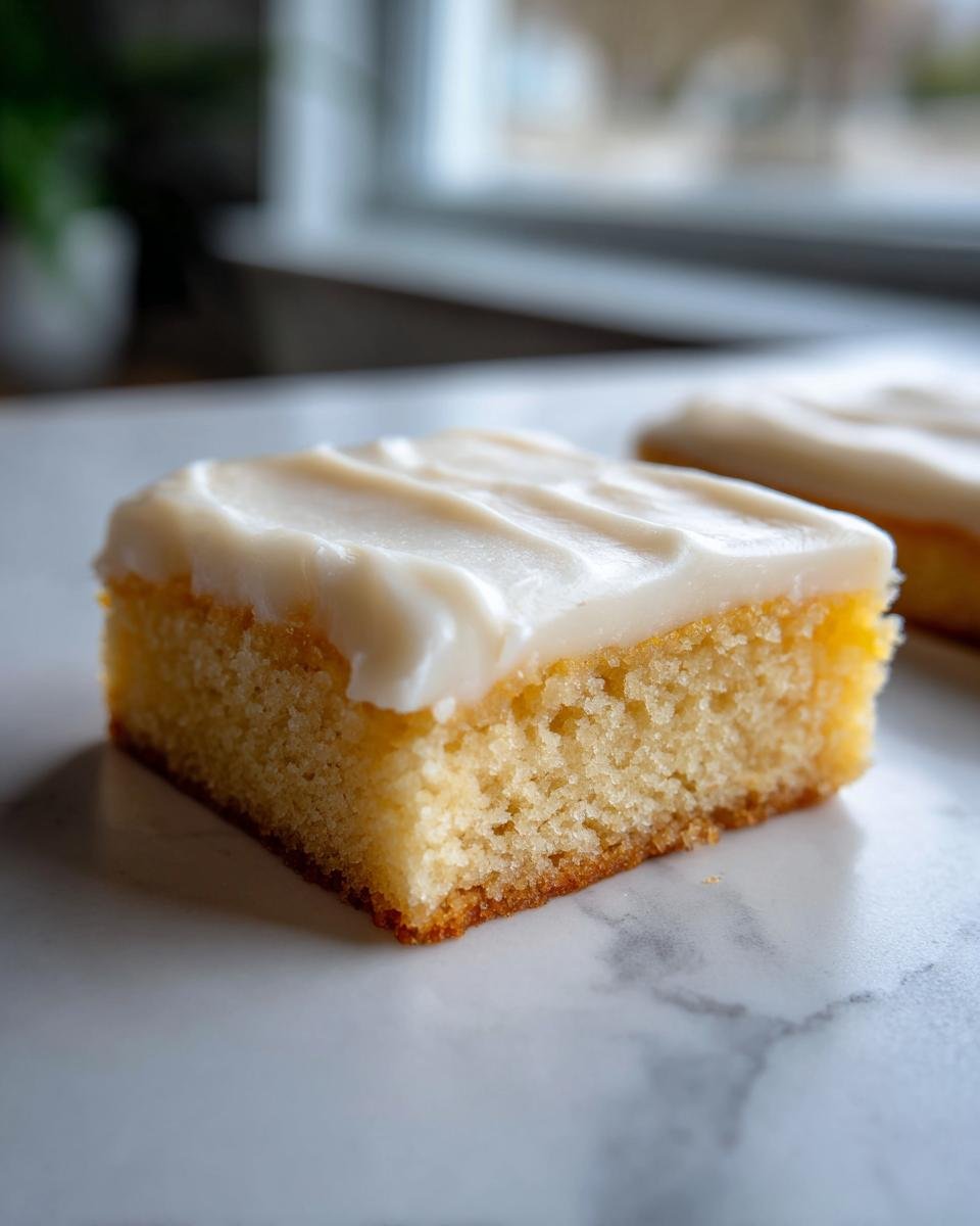 A close-up, single square of Frosted Sugar Cookie Bars showing the thick, creamy white frosting over the golden cake base.