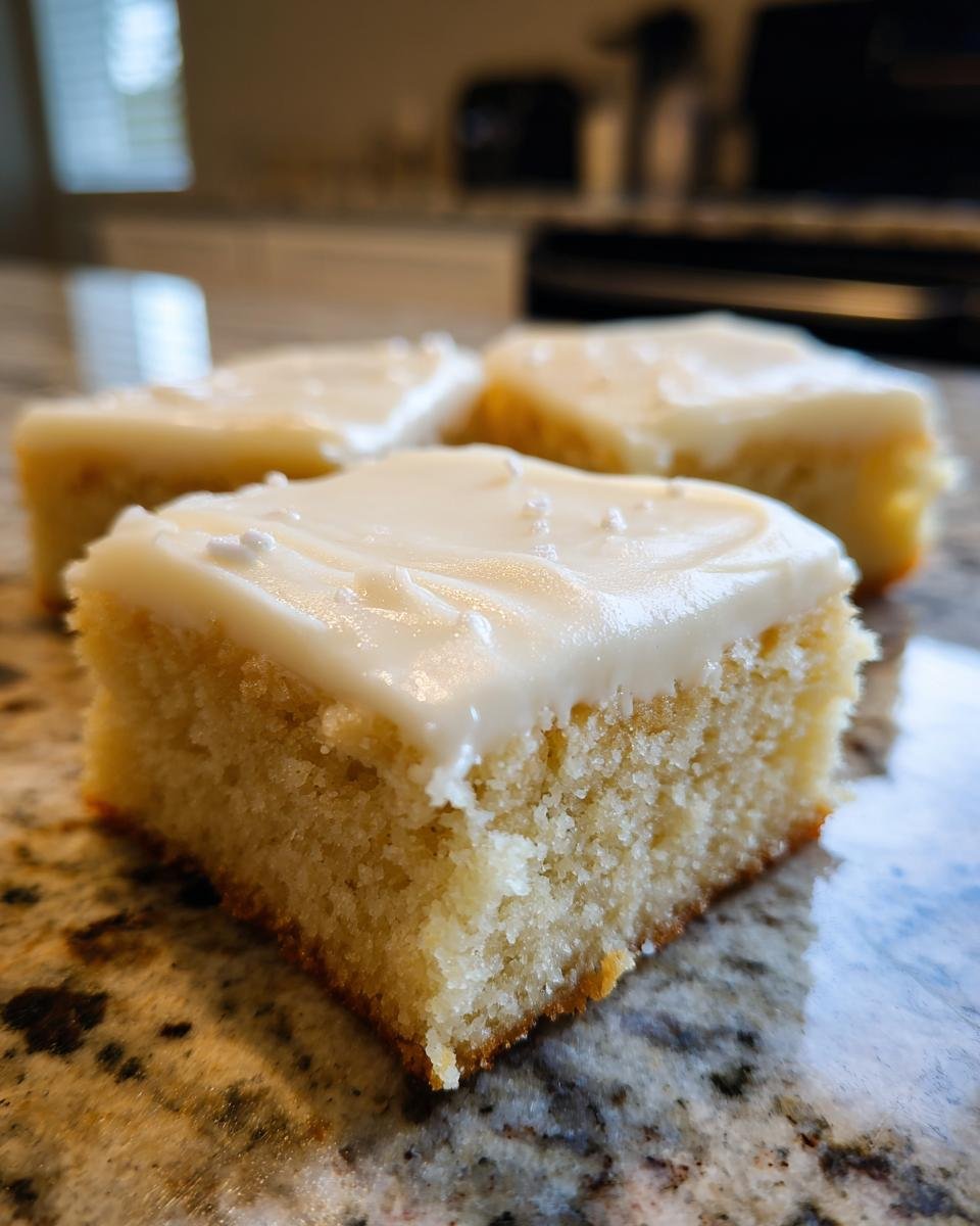 A close-up of a square piece of Frosted Sugar Cookie Bars with thick white frosting and sprinkles.