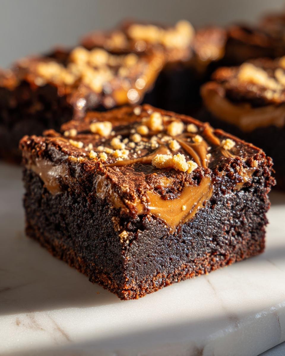 A close-up of a fudgy Biscoff Brownies square topped with a caramel swirl and cookie crumbs.