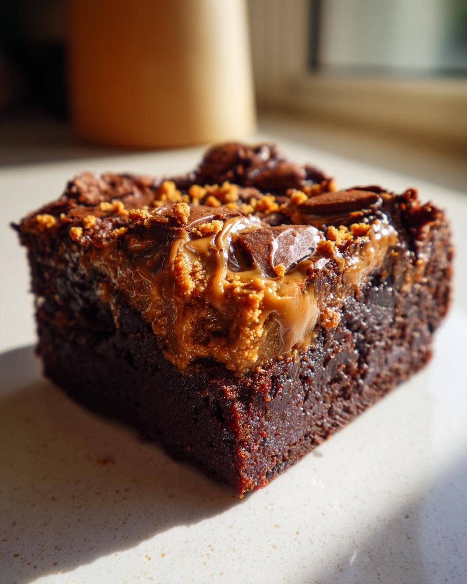 A close-up of a fudgy Biscoff Brownies slice topped with melted caramel and cookie crumbs.