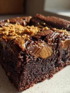 Close-up of a fudgy Biscoff Brownies square, showing melted caramel swirls and cookie crumbs on top.