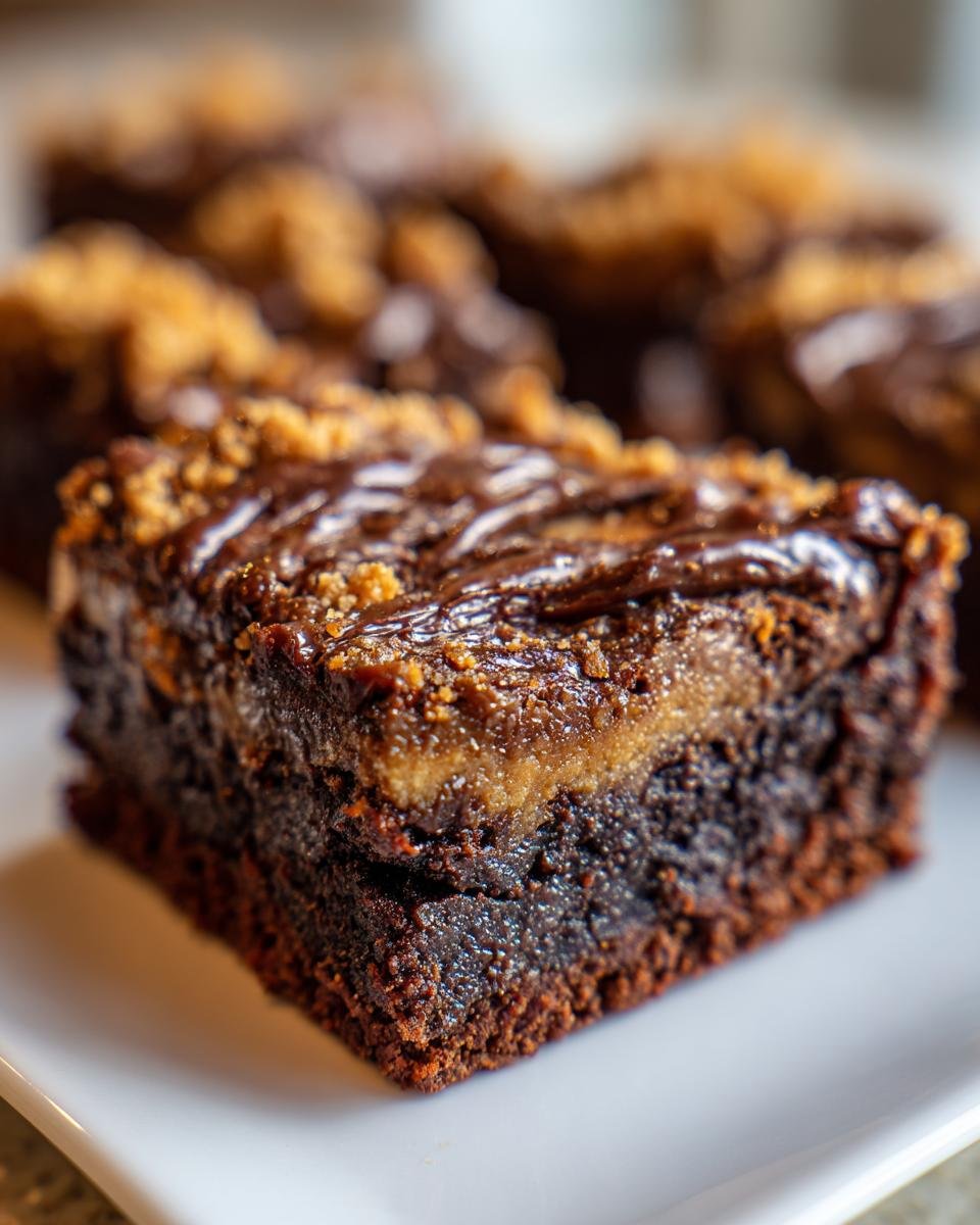 Close-up of a fudgy Biscoff Brownies square showing a thick chocolate base and a creamy Biscoff layer topped with chocolate drizzle.