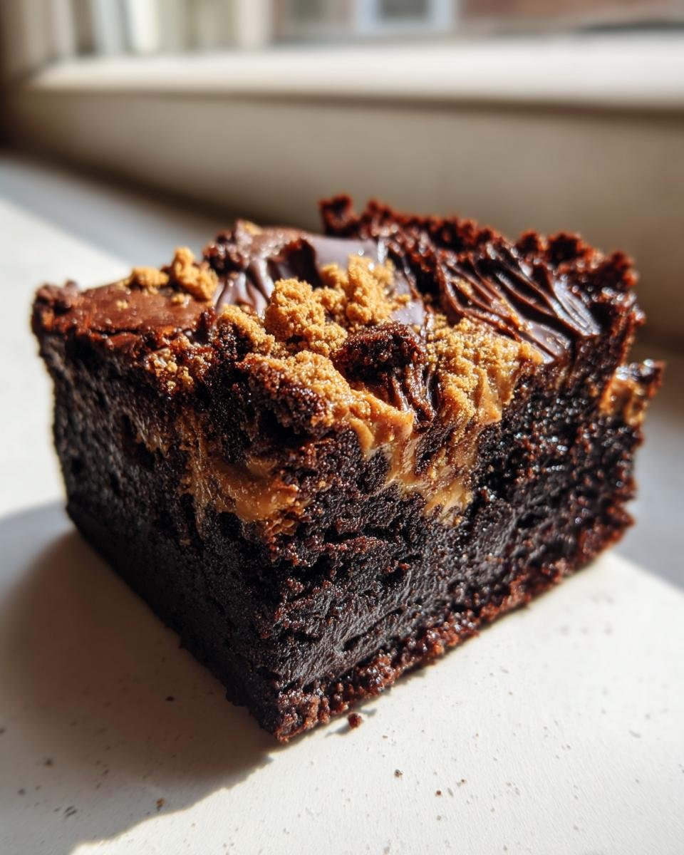 Close-up of a fudgy Biscoff Brownies square showing a rich, dark interior and a swirl of Biscoff spread and crumbs on top.
