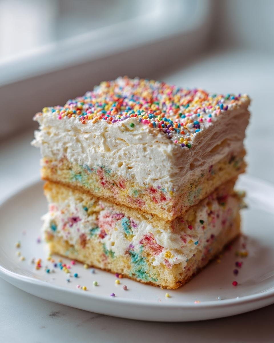 Two stacked squares of creamy Funfetti Cake Dip layered with colorful sprinkles on a white plate.