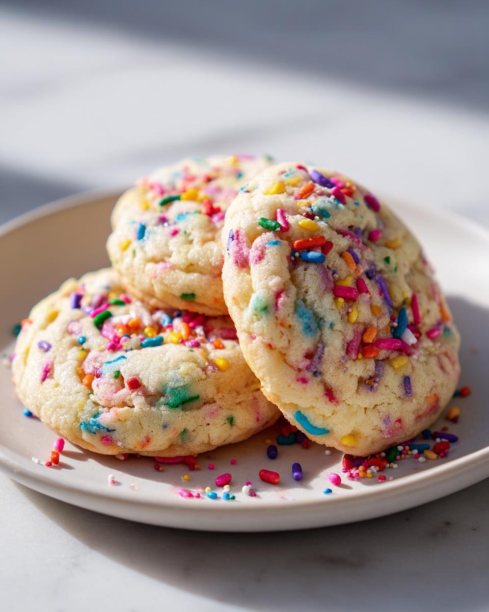 Three soft, chewy Funfetti Cake Mix Cookies loaded with colorful sprinkles resting on a light-colored plate.