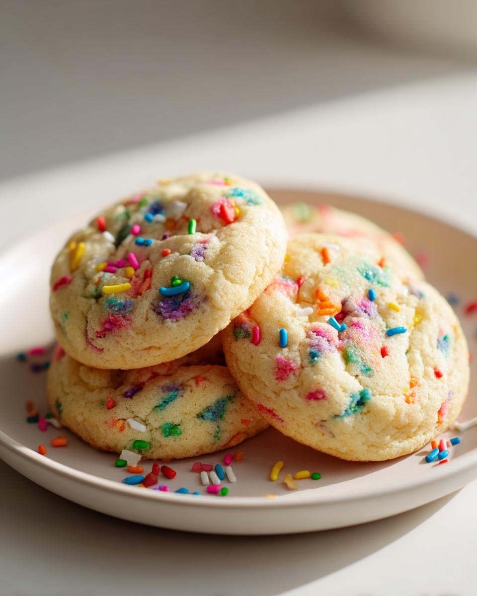 A stack of three soft, chewy Funfetti Cake Mix Cookies loaded with colorful sprinkles on a light plate.