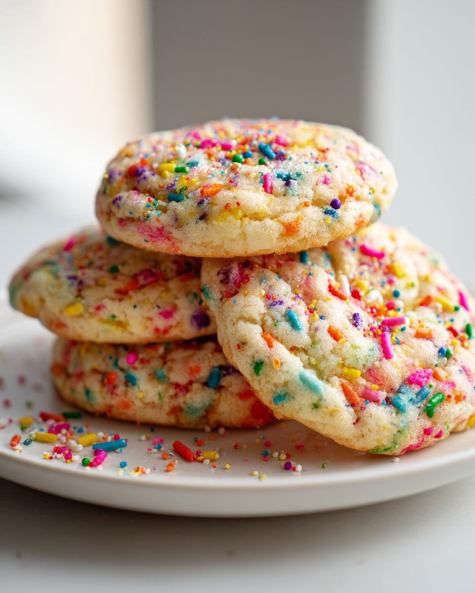 A stack of three soft Funfetti Cake Mix Cookies loaded with colorful sprinkles on a white plate.