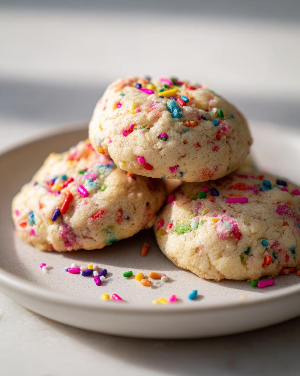 A stack of three soft, thick Funfetti Cake Mix Cookies loaded with colorful sprinkles on a light gray plate.