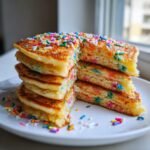 A tall stack of fluffy Funfetti Pancakes, cut in half to show colorful sprinkles inside, topped with more sprinkles.