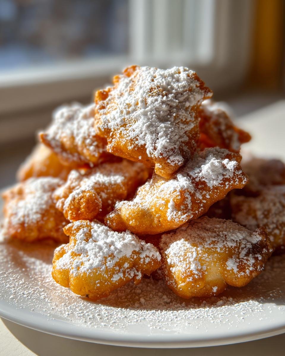 A pile of golden brown Funnel Cake Bites generously dusted with white powdered sugar on a white plate.