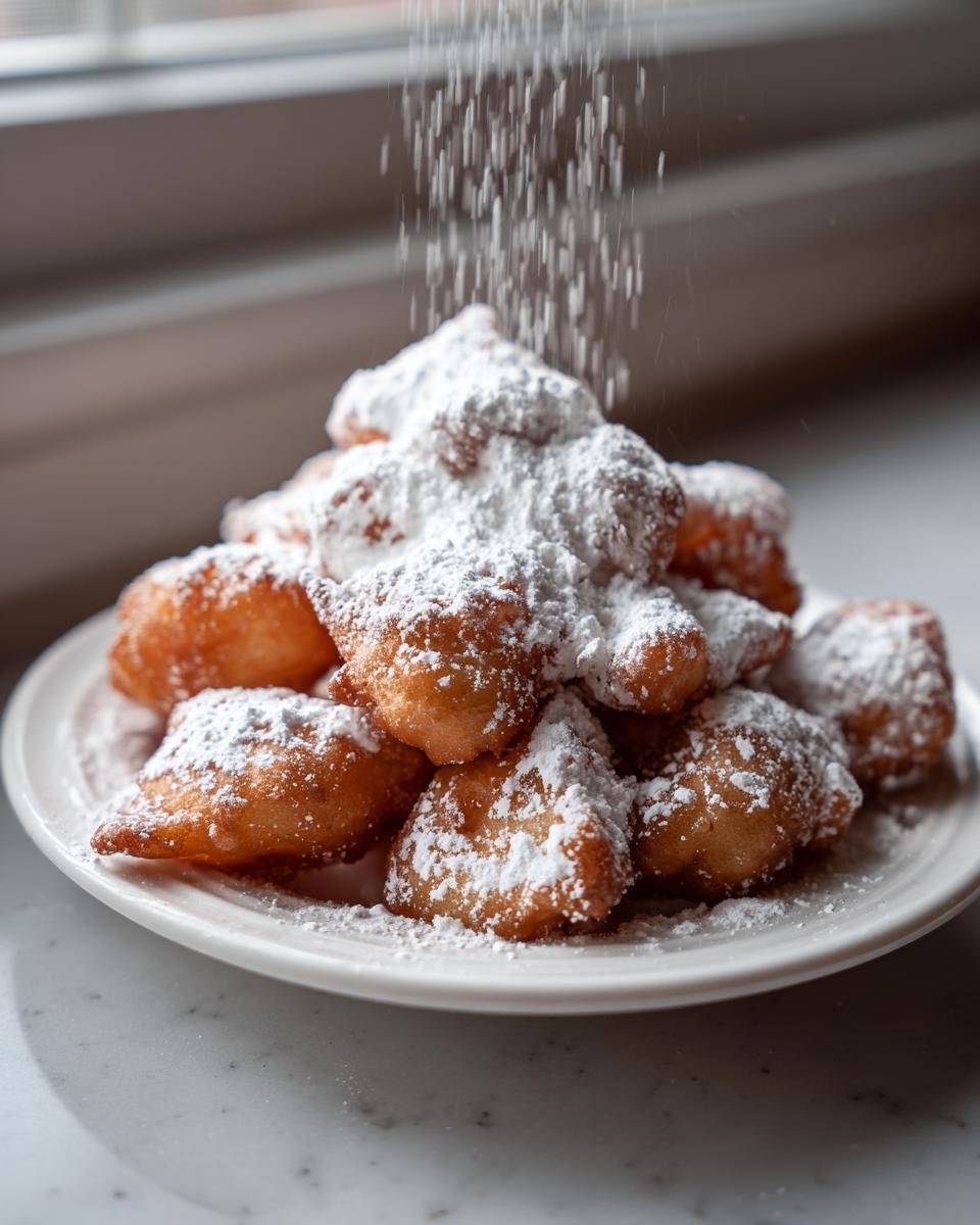 A pile of golden fried Funnel Cake Bites being heavily dusted with powdered sugar.