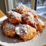 A close-up of golden fried Funnel Cake Bites piled high and heavily dusted with white powdered sugar on a plate.