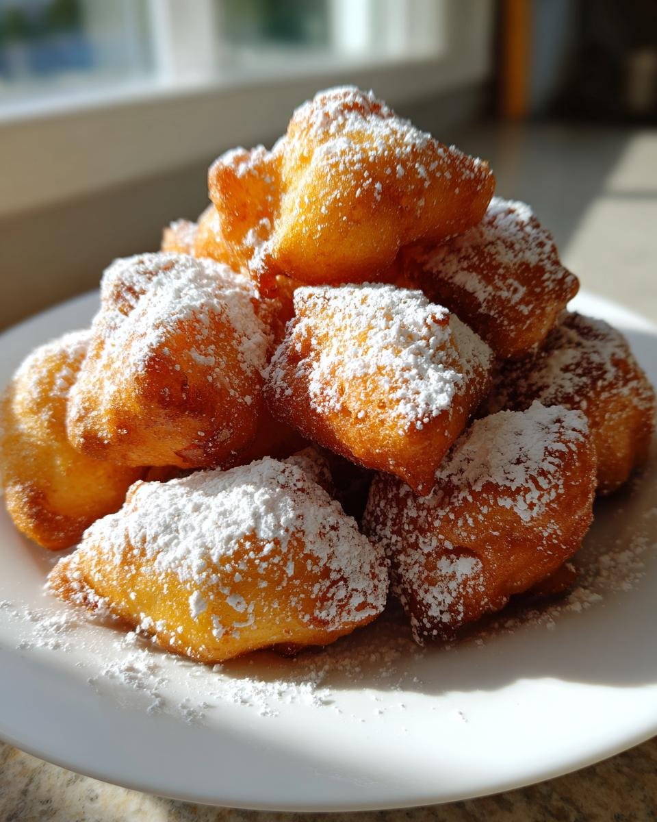 Close-up of a mound of golden brown Funnel Cake Bites generously dusted with white powdered sugar on a white plate.