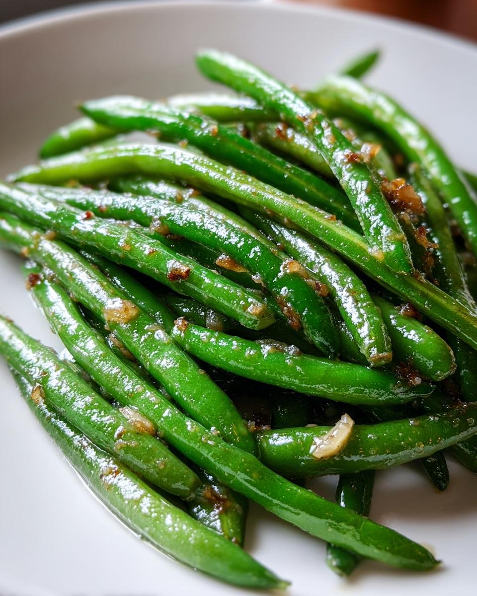 A close-up shot of vibrant, glossy Garlic Butter Green Beans tossed with browned garlic pieces.