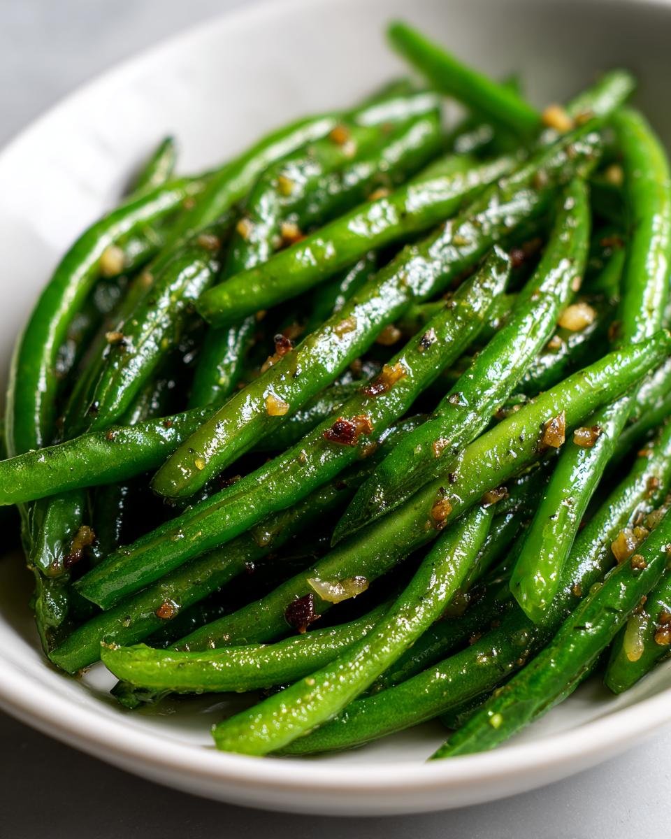 A close-up shot of vibrant, glossy Garlic Butter Green Beans coated in browned garlic pieces in a white bowl.