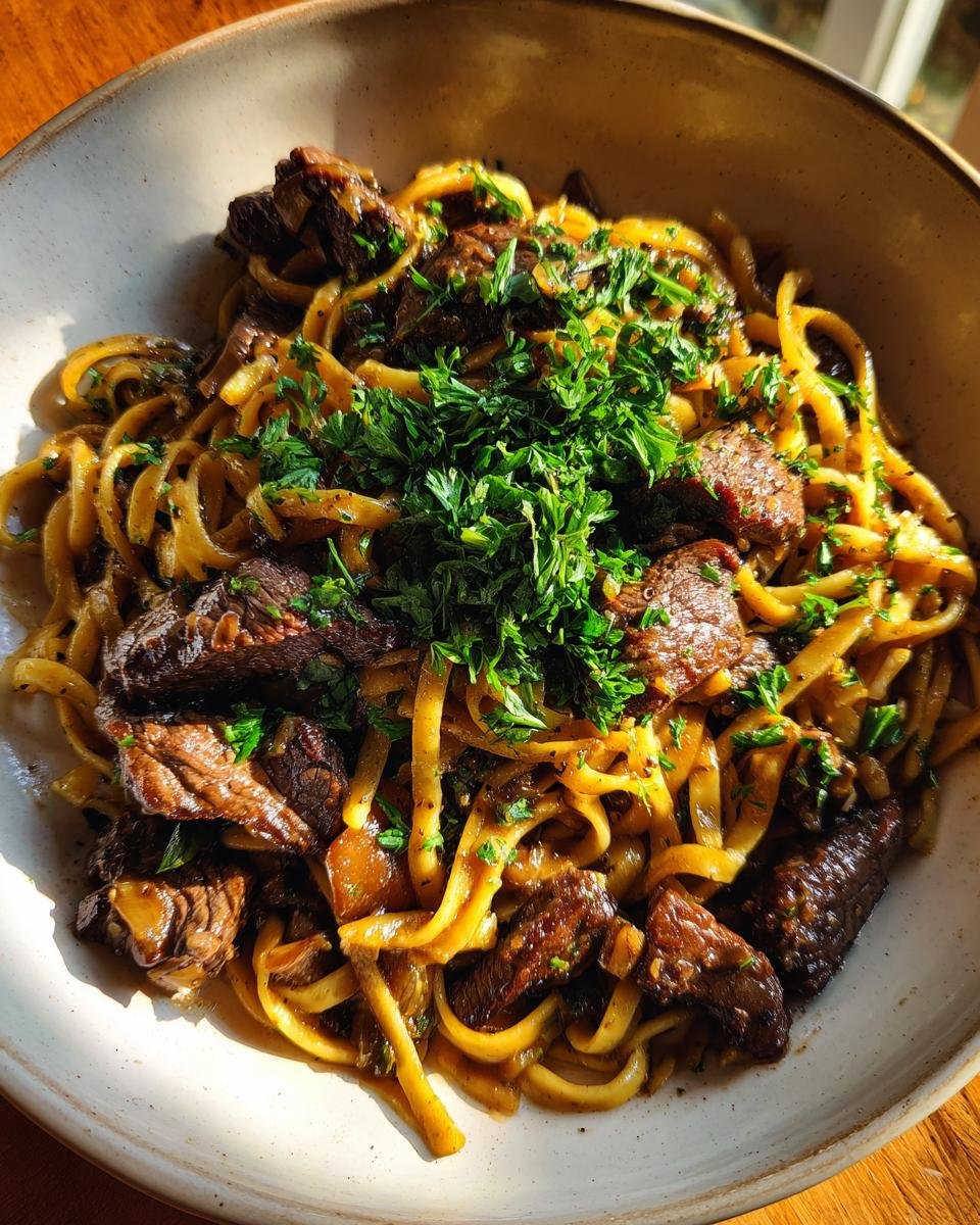 A close-up of Garlic Butter Steak Noodles tossed with chunks of steak and topped with fresh parsley.