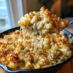 A spoonful of creamy Ghoul Gheroni And Cheese showing extreme cheese pull, topped with crispy breadcrumbs.