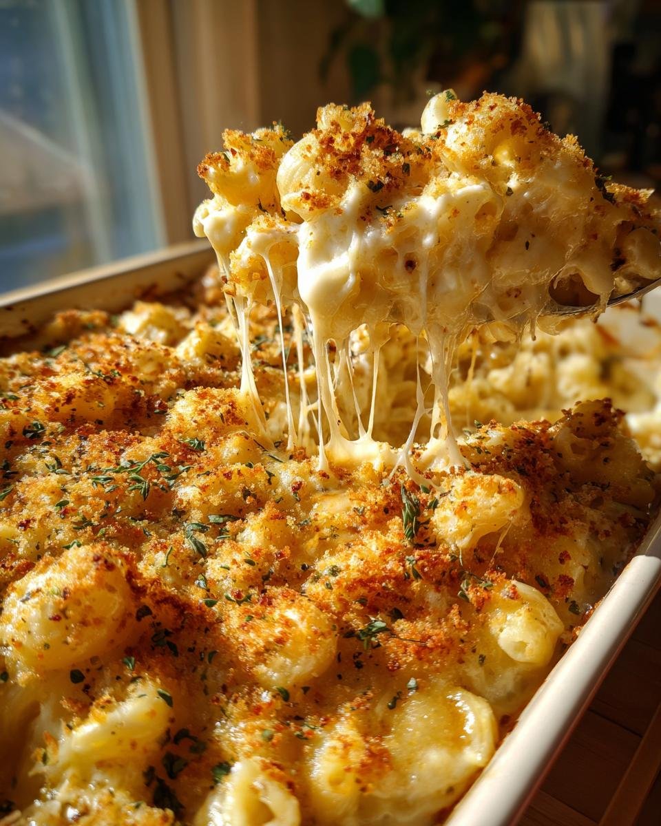A spoonful of creamy Ghoul Gheroni And Cheese showing extreme cheese pull, topped with golden breadcrumbs.