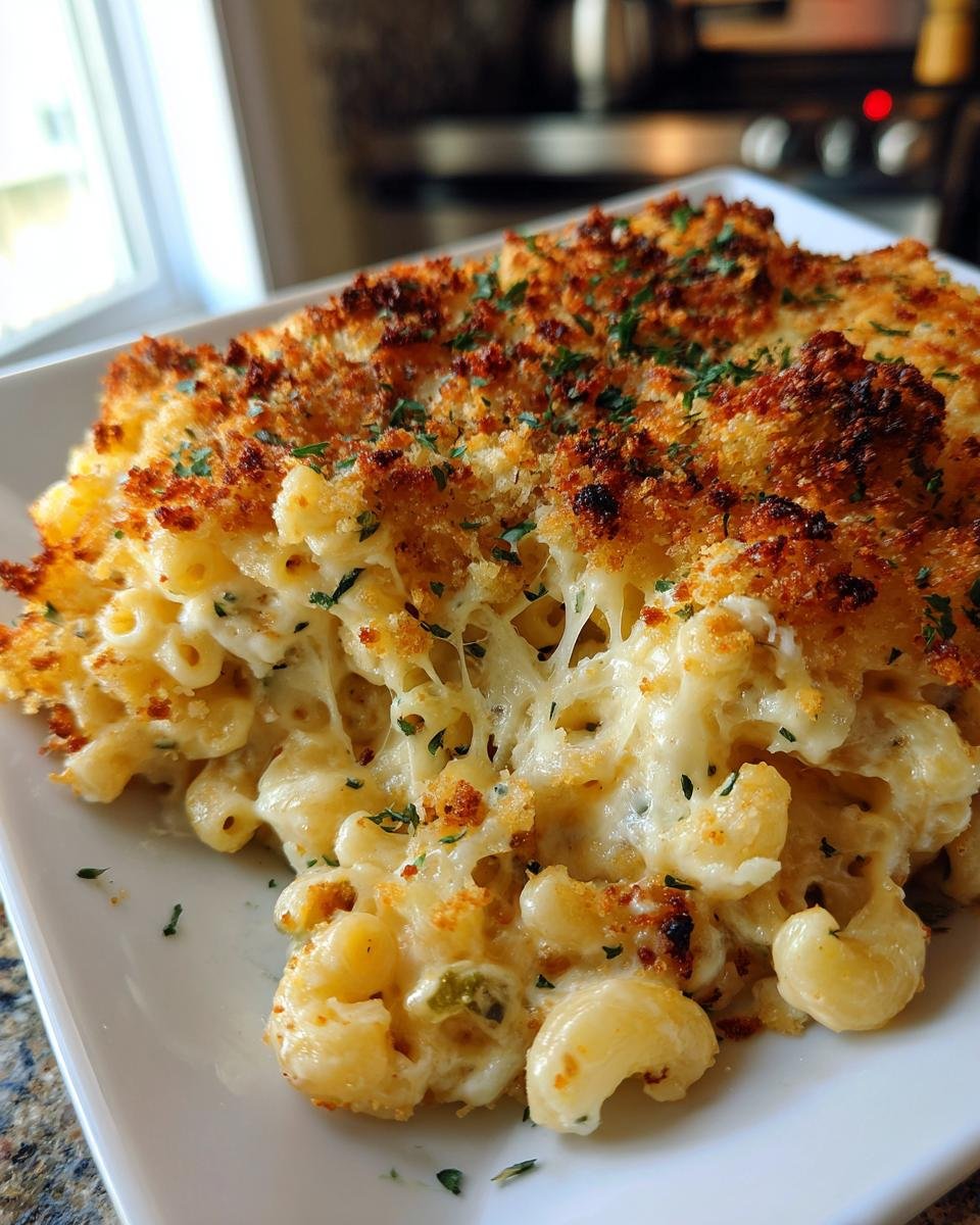 Close-up of baked Ghoul Gheroni And Cheese with a crispy, golden-brown topping and incredible cheese pull.