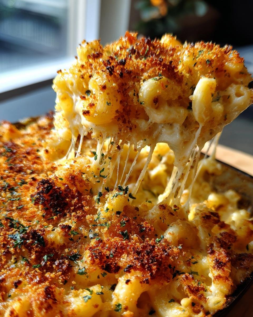 A scoop of creamy Ghoul Gheroni And Cheese showing extreme cheese pull and a crispy, browned topping.