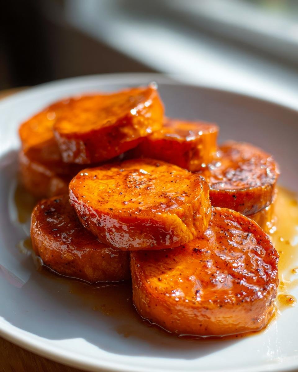 Close-up of thick, glazed Candied Sweet Potatoes slices soaking in syrup on a white plate.