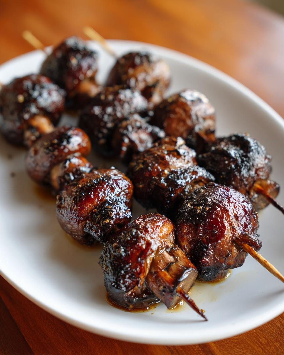 Close-up of two skewers loaded with dark, glazed Grilled Mushroom Skewers resting on a white platter.