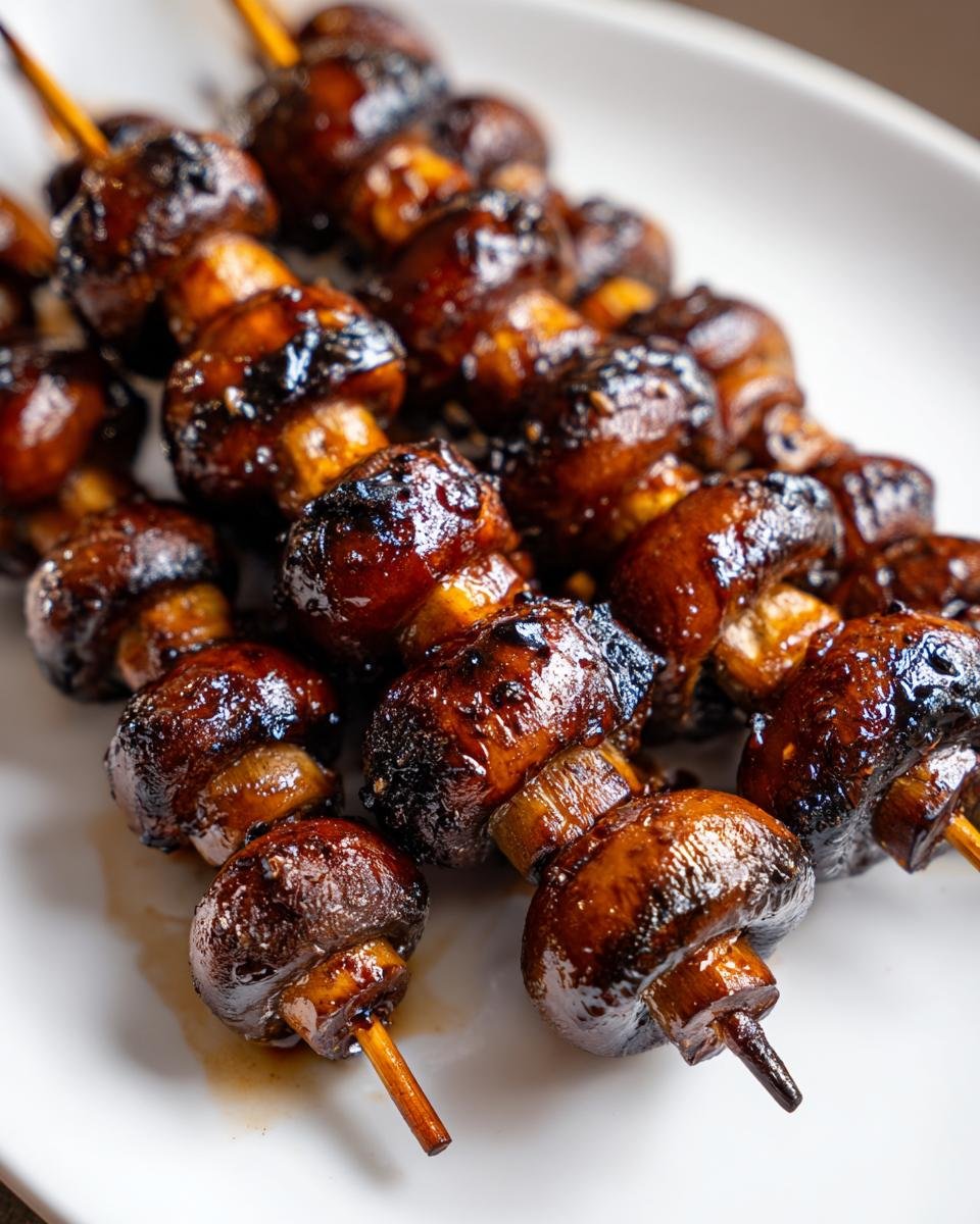 Close-up of several skewers loaded with deeply caramelized and glazed Grilled Mushroom Skewers on a white plate.
