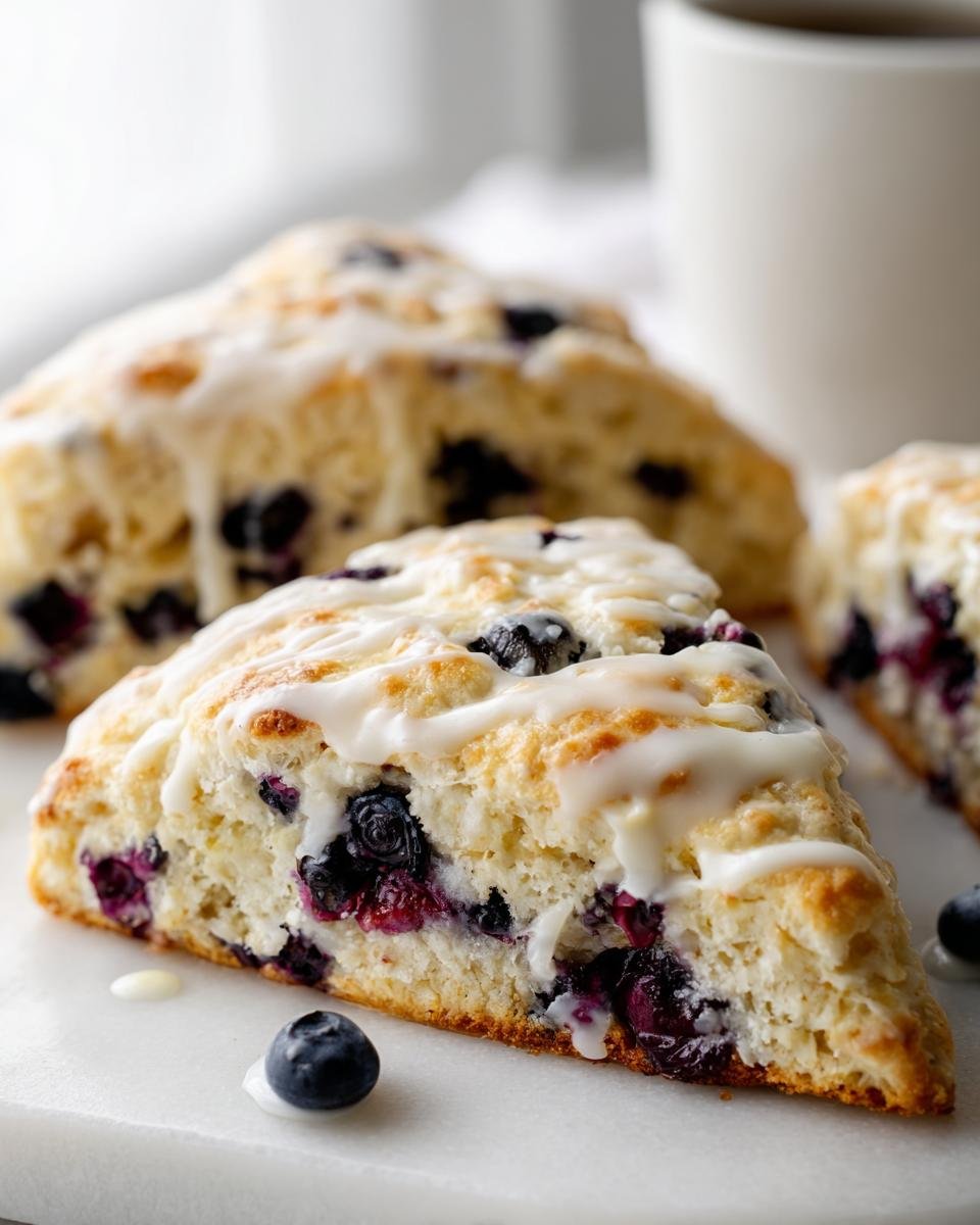 A close-up of a freshly baked Glazed Lemon Blueberry Scone, rich with blueberries and drizzled with white icing.