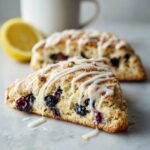 A close-up of a Glazed Lemon Blueberry Scone drizzled with white icing, featuring visible blueberries and lemon zest.