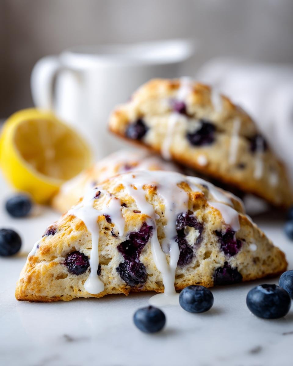 Close-up of a Glazed Lemon Blueberry Scones triangular pastry drizzled with white icing, surrounded by fresh blueberries.