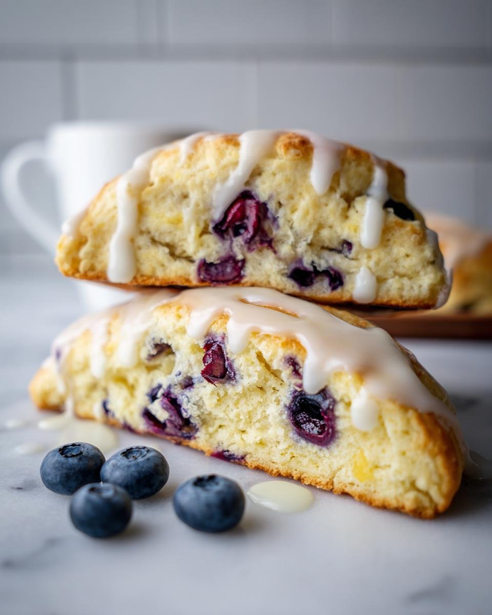Close-up of two halves of Glazed Lemon Blueberry Scones stacked, showing interior blueberries and lemon zest.