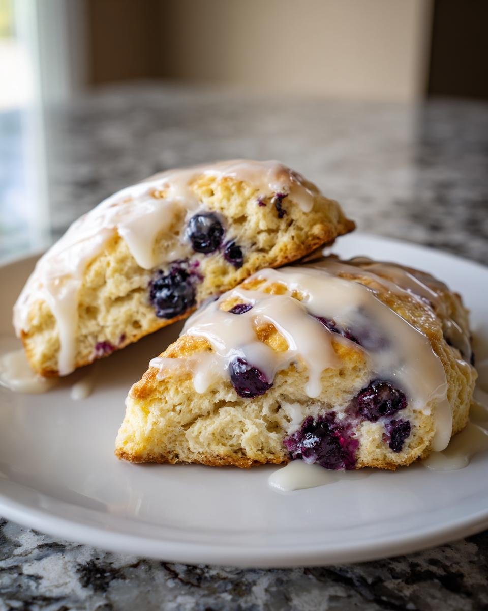 Two halves of Glazed Lemon Blueberry Scones, showing the fluffy interior and melted lemon glaze.