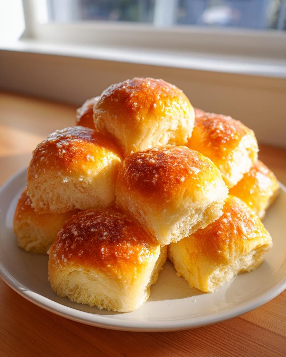 A stack of golden brown, glazed Sweet Potato Rolls piled high on a white plate, illuminated by natural light.
