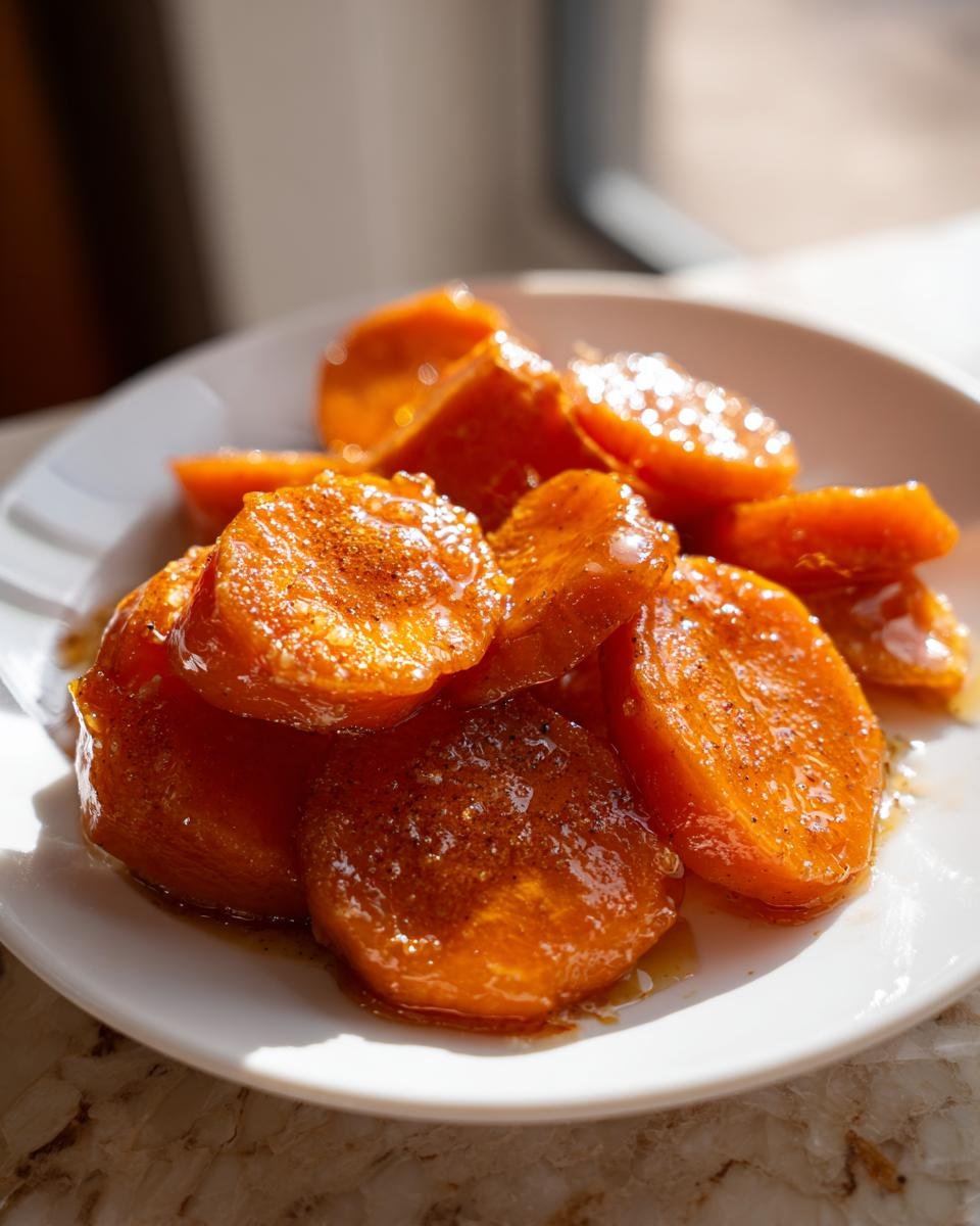 Close-up of glossy, glazed Candied Sweet Potatoes sprinkled with spice on a white plate.