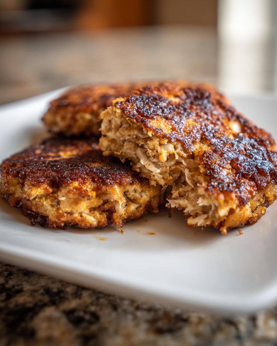 Close-up of three pan-fried Cabbage Burgers on a white plate, one broken open to show texture.