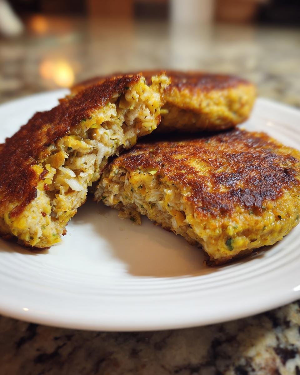 Close-up of golden brown Cabbage Burgers, one cut in half showing the shredded cabbage texture inside.