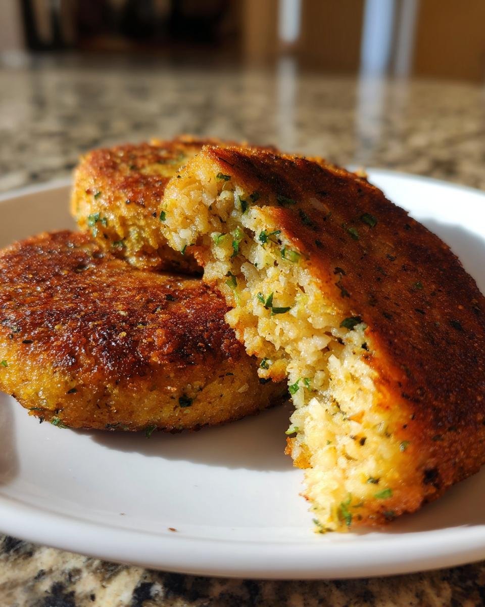 Close-up of golden brown Cabbage Burgers on a white plate, one broken open showing the texture inside.