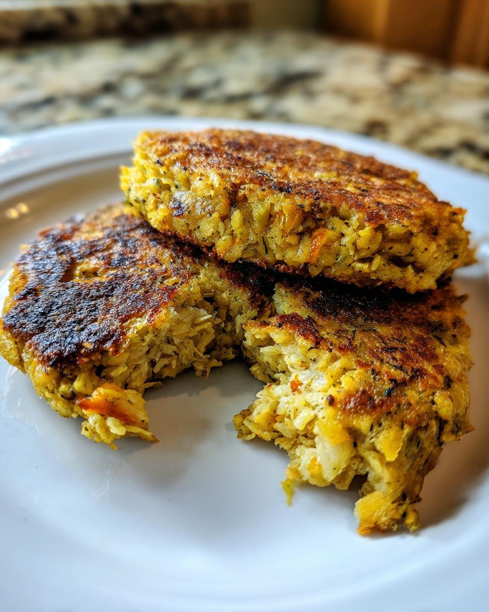 Two golden brown, pan-fried Cabbage Burgers stacked on a white plate, one broken open to show the shredded texture inside.
