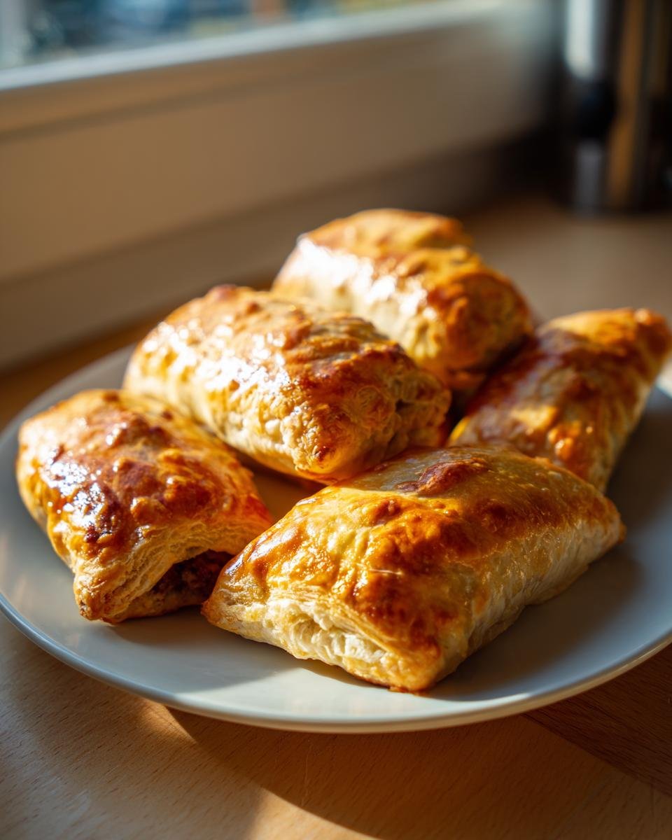 Five golden brown, flaky Christmas Sausage Rolls piled on a light plate, catching warm sunlight.