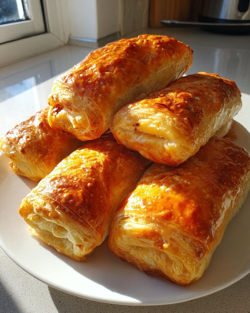 A stack of golden brown, flaky Christmas Sausage Rolls glistening under sunlight on a white plate.
