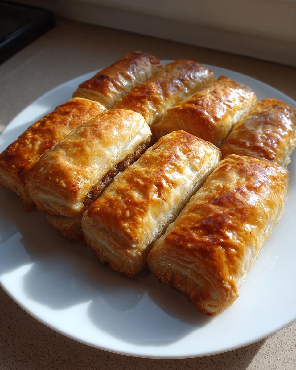 Eight golden brown, flaky Christmas Sausage Rolls arranged on a white plate, freshly baked.
