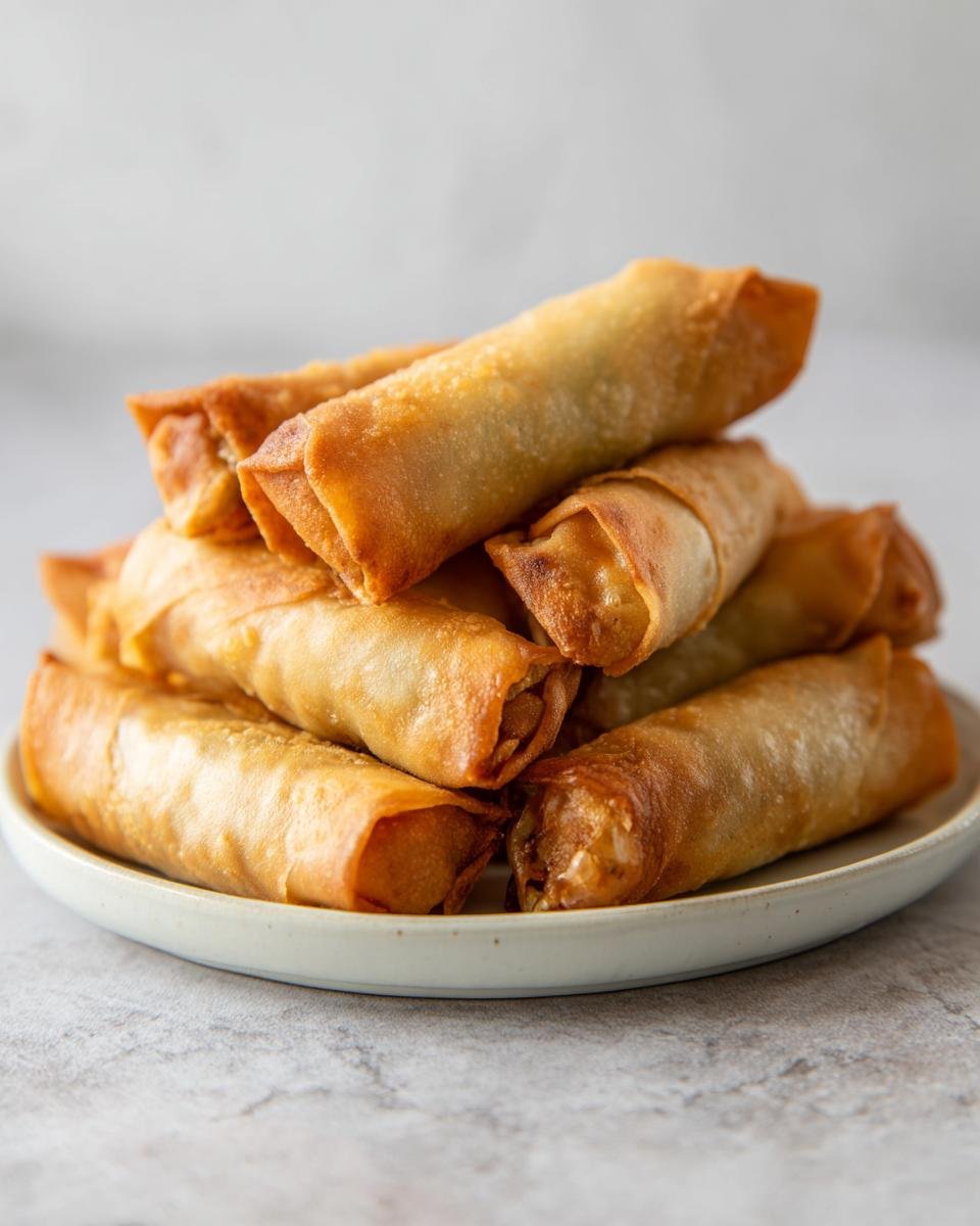 A stack of perfectly golden brown, crispy fried Lumpia piled high on a small white plate.