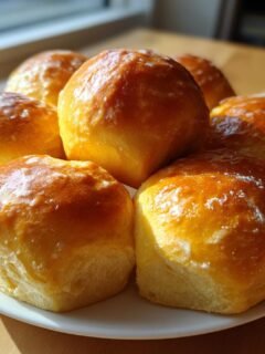 A close-up of several freshly baked, golden brown Sweet Potato Rolls piled on a white plate, glistening under natural light.